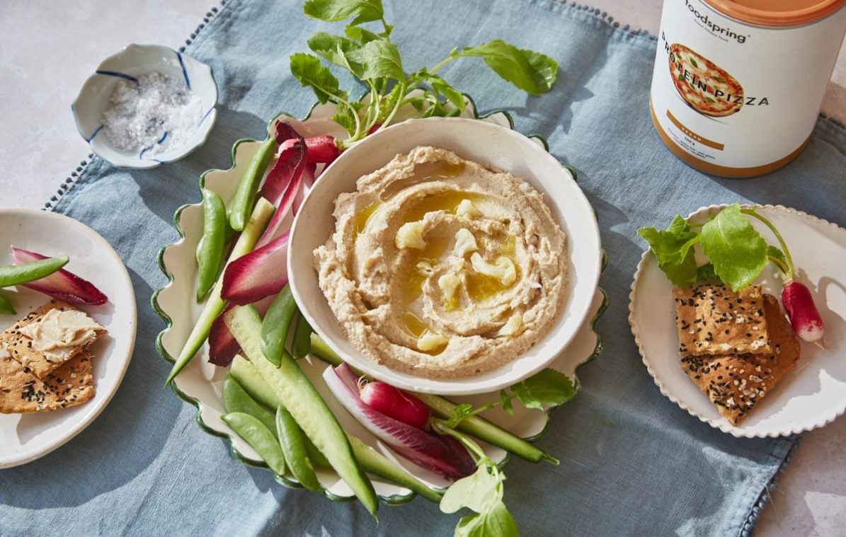 cauliflower hummus with high protein crackers and crudites