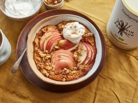 High protein Apple pie baked oats with a cup of tea